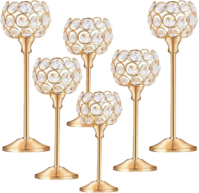 Crystal Metal Tealight Candlestick, Bling Bowl Candelabras, Tall Crystal Candle Holders Elegant Candle Centerpiece for Dining Table Wedding Home Mantel Decor(Golden, 2 Sets(6 Pcs))