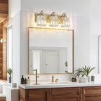 3-Lights Brushed Brass Bathroom Light Fixture Gold Vanity Lights Modern Crystal Bathroom Vanity Lighting Over Mirror Wall Sconce with K9 Crystal Shade E26 Base for Living Room, Bedroom Wall Lamp