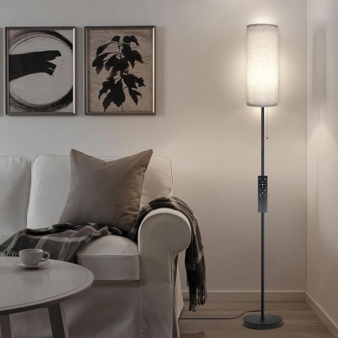 Floor Lamp for Living Room, Modern Standing Lamps with Lampshade, Minimalist Tall Lamp with Chain Switch for Living Room, LED Bulb Included (Beige Shade-Remote Bulb)