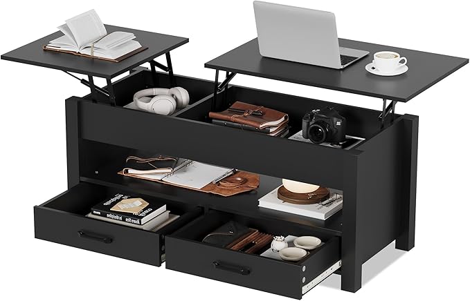 IDEALHOUSE 47.2" Coffee Table with Storage, Multi-Function Lift Top Coffee Table with Wooden Lift Tabletop, 2 Drawers and Hidden Compartment, Central Table for Living Room Home Office, Black
