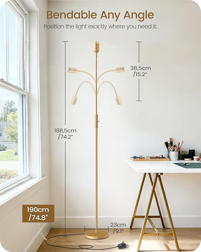 Reading Floor Lamp, 74.2" Tall LED Lamp with, 360° Flexible Gooseneck & Touch Control, 5000K Cool White LED, Sturdy Base, Crafts Standing Lamp, for Reading, Living Room, Matte Gold D16LD05