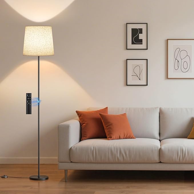 Floor Lamp with Linen Shade - 62" Dimmable LED Standing Lamp with Remote Control, 9W E26 Bulb Included, 3000-6000K, Modern Floor Reading Light for Bedroom Living Room Office Corner, Black