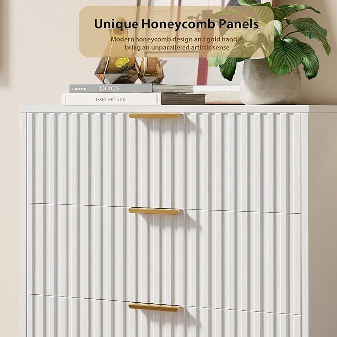 GarveeHome Fluted 5 Drawer Dresser for Bedroom, 48 in Tall Modern Chest of Drawers with Deep Drawers and Wide Top, Wooden Dresser Organizer for Living Room, Hallway, Kids Room, White