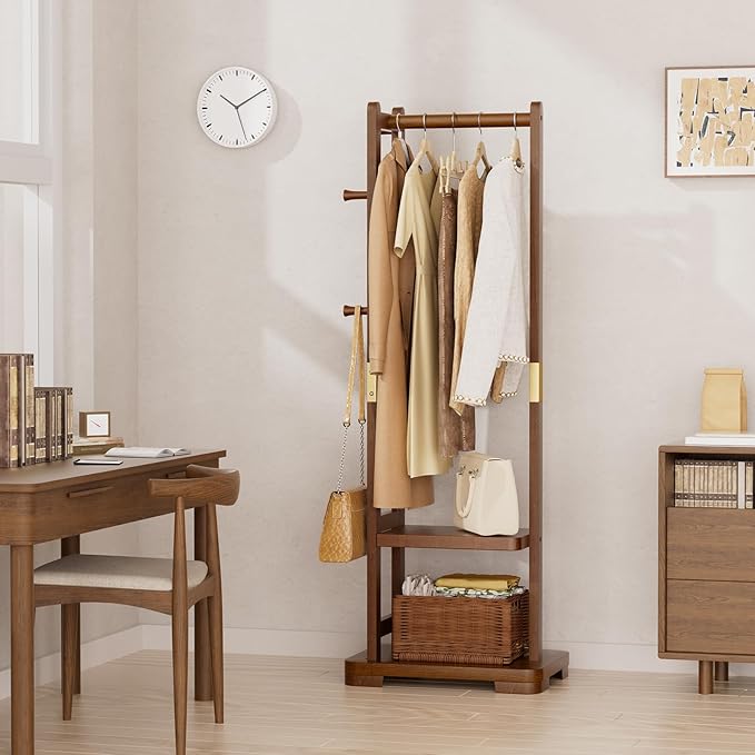 Solid Wood Clothes Rack Coat Rack with 2 Shelves & 4 Hooks for Hanging Clothes Garment Wallets Hats, Clothing Rack Coat Rack Freestanding Hall Tree with Storage for Hallway Bedroom Living Room