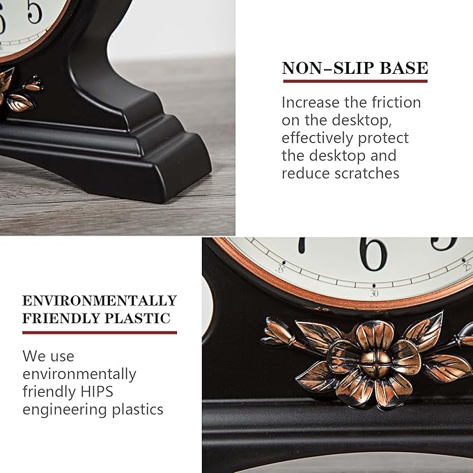 rnuie Desk Clock for Table Decor, Retro Mantel Clock Battery Operated for Fireplace Mantel, Living Room, Bedroom, Office, Desktop Decoration(Second Black)