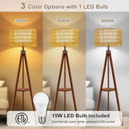 Rattan Wood Floor Lamp Tripod with Shelves, Mid Century Modern Floor Lamps for Living Room, 3 Color Temperatures with Foot Switch, Boho Standing Lamp for Bedroom Decor Walnut Brown Tall Lamps