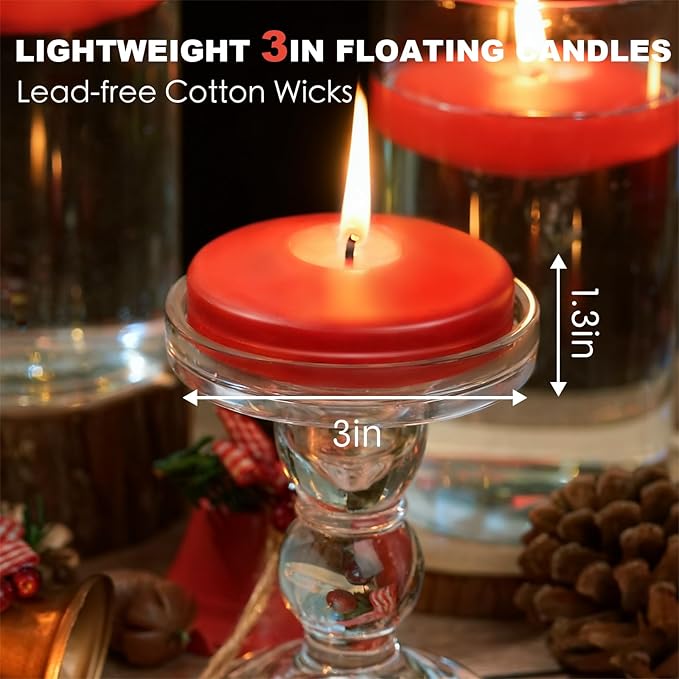 12 Pack Red Floating Candles 3 inch, Unscented Traditional 3" Floating Candles for Centerpieces,7 Hours Burning, Red Water Candles for Cylinder Vases, Wedding, Party, Pool
