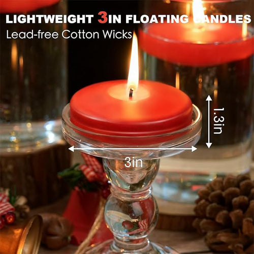 12 Pack Red Floating Candles 3 inch, Unscented Traditional 3" Floating Candles for Centerpieces,7 Hours Burning, Red Water Candles for Cylinder Vases, Wedding, Party, Pool