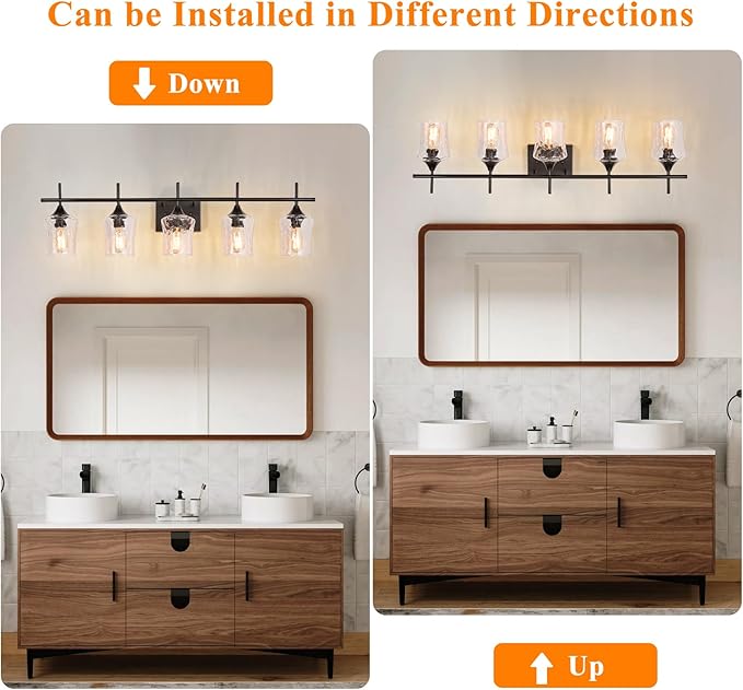 Modern Glass Vanity Light Fixture,5 Light Industrail Black Metal Vanity Light for Bathroom Bedroom Living Room