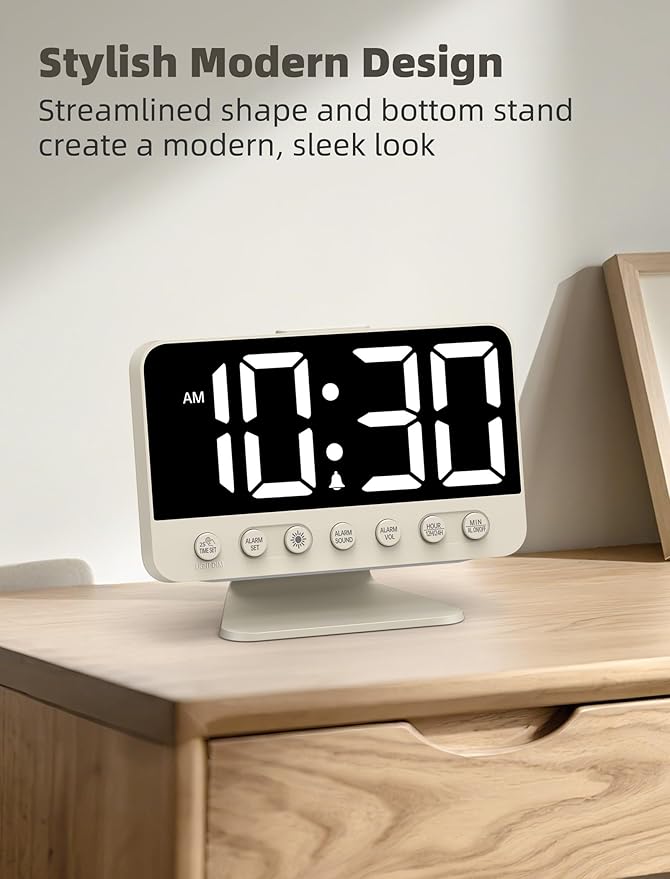 Digital Alarm Clocks for Bedrooms: Large Bold Number 5 Brightness Dimmer - Easy to Read Across The Room - 5 Alarm Sound 8 Night Light - Putty