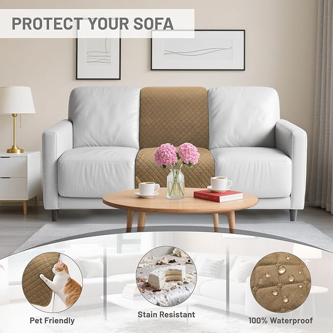 Recliner Sofa Covers 100% Waterproof Velvet L Shape Recliner Couch Covers for Dogs Pets Washable Anti Slip 1 Additional Couch Cover for Reclining Couch (Additional Seat, Light Brown)