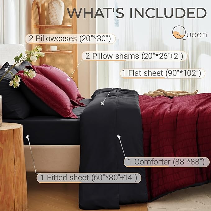 MUXHOMO 7 Pieces Queen Comforter Set, Seersucker Bed in a Bag Queen Size, All Season Luxury Bedding Set with Comforter, Flat Sheet, Fitted Sheet, Pillowcases & Shams, Red & Black