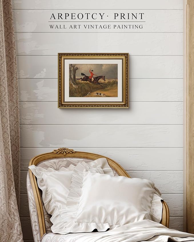 ARPEOTCY Gold Framed Canvas Wall Art, 11x14 Inch Vintage Equestrian Fox Hunting Painting, Classic Horse and Rider Artwork, English Country Hunt Decor for Living Room, Office, or Study