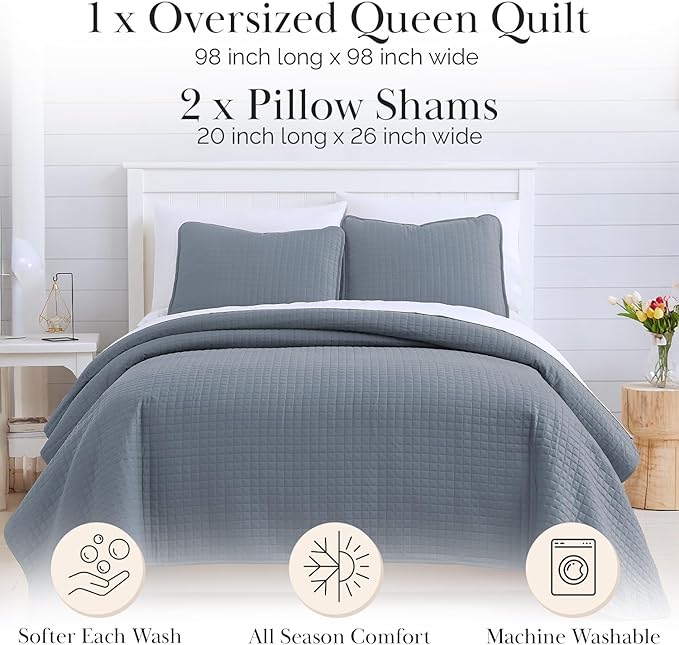 Southshore Fine Living, Inc. Queen Quilt Set, Full Size Bedspread with 2 Matching Pillow Shams, Soft Microfiber Lightweight Quilts, Queen Size Coverlet, Easy Care Machine Washable, Slate Blue