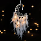 Dremisland Moon Dream Catcher with Fairy Lights-Handmade Feather Lucky Turquoise Pendant Beads Wall Hanging Ornament for Kids Bedroom Home Decoration,Art Craft Gift. (Pure White)