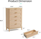 LINSY Rattan 5 Drawer Dresser for Bedroom, 46" Tall Mid-Century Modern Chest of Drawers, Deep Storage Dresser with Curved Corner Design, Large Accent Wood Cabinet for Bedroom, Oak