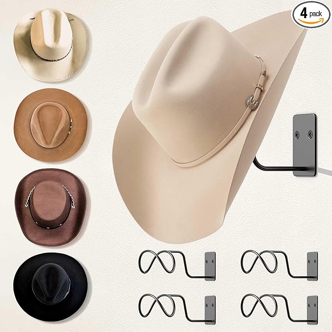 Livelab Cowboy Hat Holder, (4 Pack) Cowboy Hat Rack for Wall Mount, Metal Hat Organizer Storage Cowboy Hats Hanger Hooks for Fedora, Sun Hats, Wide Brim
