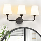 Kvhilw Bathroom Vanity Light, Matte Black Bathroom Light Fixtures, 3-Light Lighting Fixtures Over Miror, Modern Wall Sconce with Flared White Fabric Shade, E26 Socket(ETL Listed)
