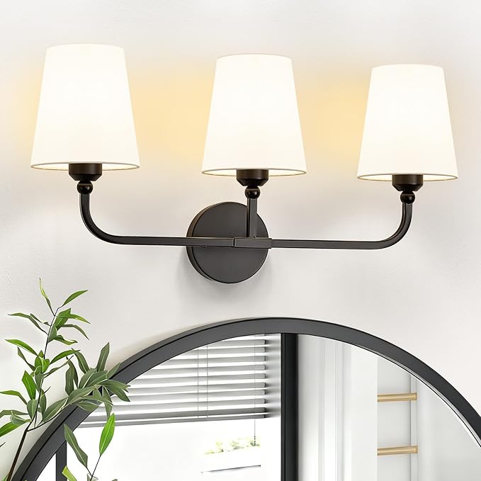 Kvhilw Bathroom Vanity Light, Matte Black Bathroom Light Fixtures, 3-Light Lighting Fixtures Over Miror, Modern Wall Sconce with Flared White Fabric Shade, E26 Socket(ETL Listed)
