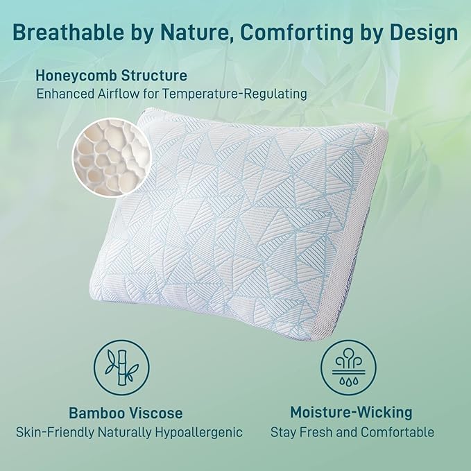 Shredded Memory Foam Cooling Soft Bamboo Viscose Pillow Adjustable Hypoallergenic Hotel Quality Pillow for Stomach, Back or Side Sleeper, Oeko-TEX Certified King Size