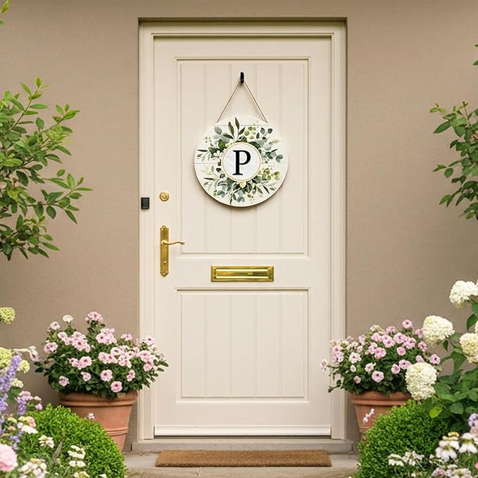 Smile Monogram Letter P Wreaths Wooden Welcome Sign, Family Last Name Initial Front Door Wall Decoration, Floral Spring Summer Porch Rustic Home Kitchen Decor