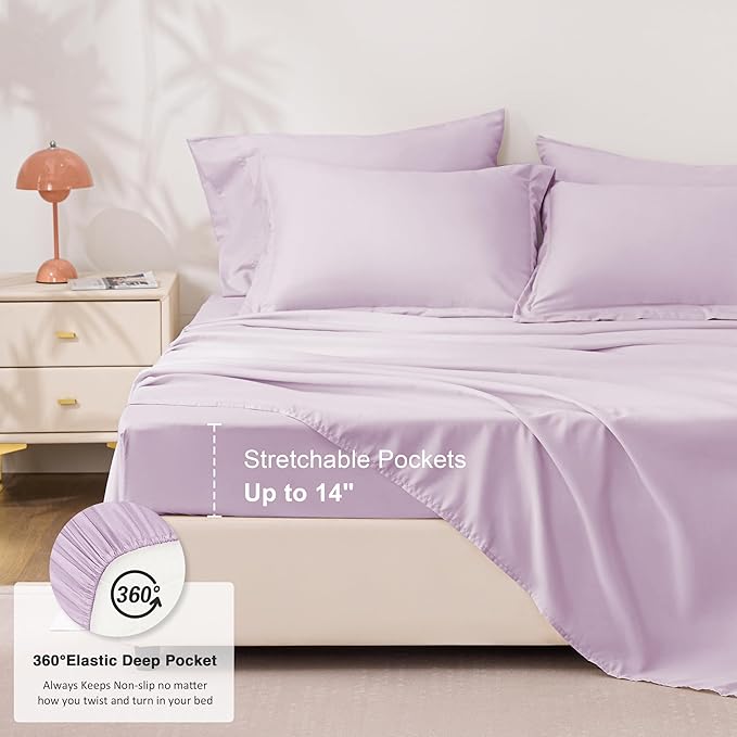 Love's cabin California King Comforter Set Light Purple, 7 Pieces California King Bed in a Bag, All Season Bedding Sets with 1 Comforter, 1 Flat Sheet, 1 Fitted Sheet, 2 Pillowcase and 2 Pillow Sham