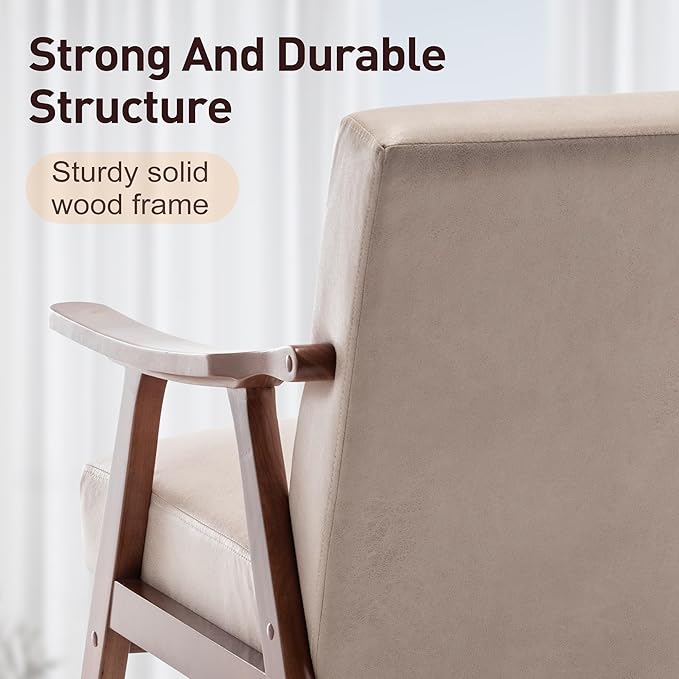 KEIKI Mid-Century Modern Accent Chair with Solid Wood Frame, Velvet Upholstered Chair with Supportive Foam Cushion for Relaxing & Reading