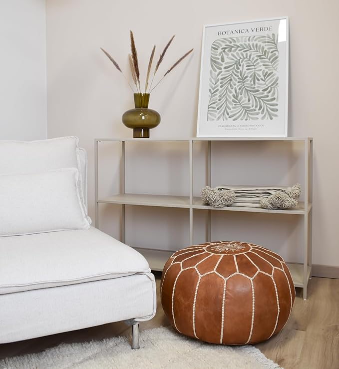 Poufs&Pillows Premium Moroccan Leather Pouf - Handmade - Delivered Stuffed - Ottoman, Footstool, Floor Cushion (Natural)
