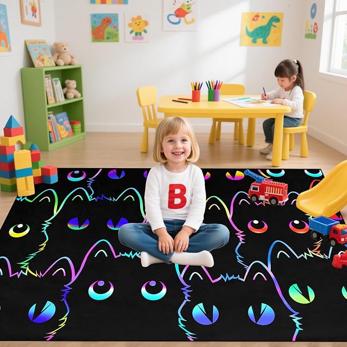 Black Cat Rug for Bedroom, Kids Cat Carpet for Girls Room Decor, Funny Cats Rugs Room Decor Playroom Cute Cats Themed Kids Area Rug Washable Non Slip Childrens Bedroom Mat 3x5 Feet