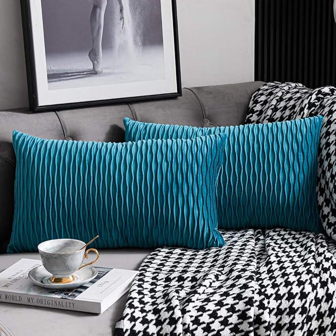 Turquoise Throw Pillow Cases 12x20: 2 Pack 12x20 Inch Original Striped Velvet Rectangular Decorative Pillow Covers for Farmhouse Couch