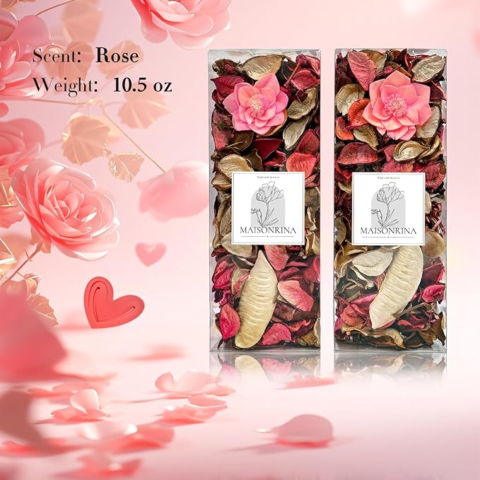 Spring Potpourri,Rose Scented Potpourri Bowl Filler, Valentine's Day Decorative Dried Flower, Pink Bathroom Vase Decor(10.5 oz/2 Packs)