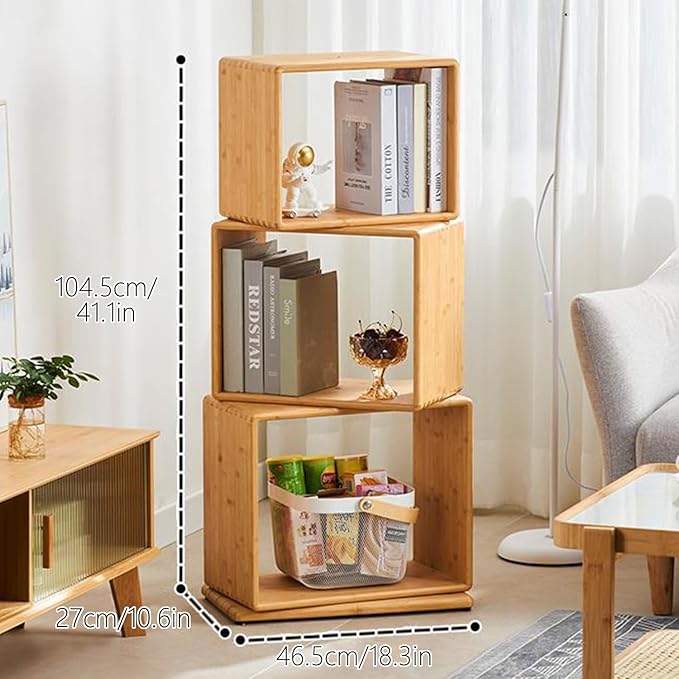 3-Tier Modern Rotating Bamboo Bookcase, DIY Free-Standing Bookshelf Large Capacity Creative Open Book Cabinet, 2 in 1 Nightstand Storage Organizer Lattice Shelf for Home, Office, Living Room, 3-Cube