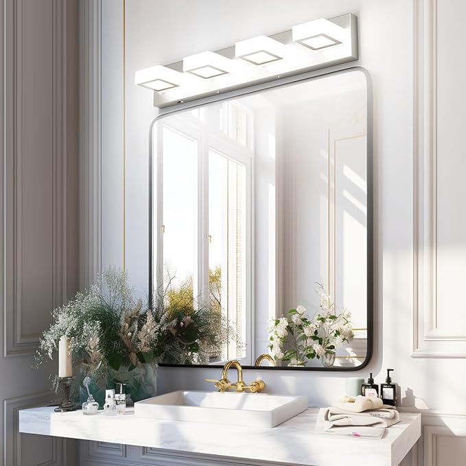 Ralbay 5 Color Temperature Brushed Nickel Vanity Lights for Bathroom 4 Lights Dimmable Acrylic Modern LED Brushed Nickel Bathroom Lighting Fixtures