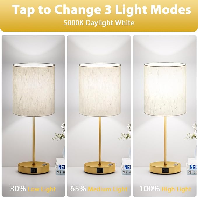 Gold Touch Lamps for Nightstand Set of 2 - Bedside Table Lamp for Bedroom with Dual USB Ports & AC Outlet, 3-Way Dimmable Lamps for Living Room Boys Room, Night Light with 5000K Daylight Bulbs
