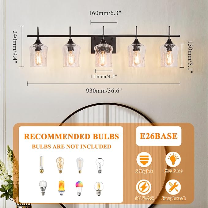 Modern Glass Vanity Light Fixture,5 Light Industrail Black Metal Vanity Light for Bathroom Bedroom Living Room