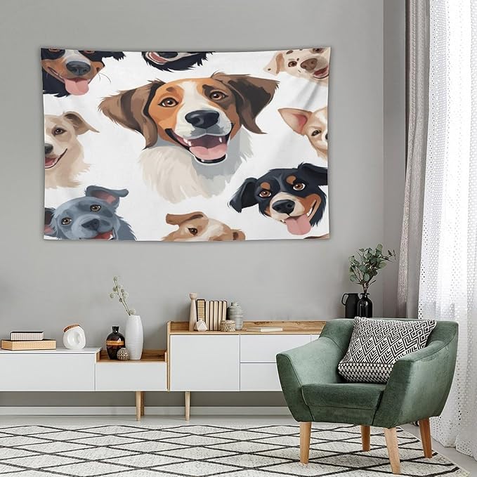 VUMIVI Cartoon Dog Tapestry Black & White Pet Dog Heads Cute Illustration Modern Creative Design Tapestry Wall Hanging for Living Room Bedroom Dorm Classroom Aesthetic Decor W60xL40in