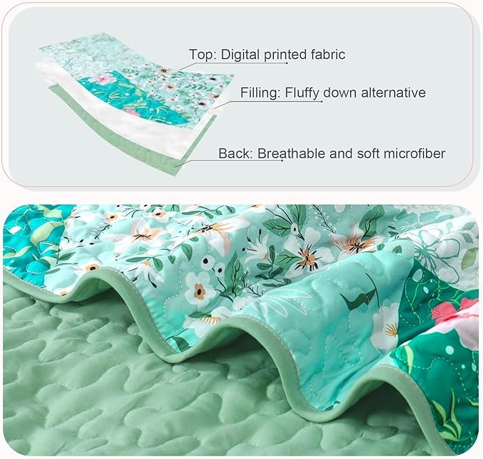 Whale Flotilla Patchwork Quilts Queen Size, Extra Soft Boho Floral Bedspreads for Bed Reversible Lightweight Full Queen Quilt Bedding Set Printed Coverlets with 2 Pillow Shams for All Seasons, Green