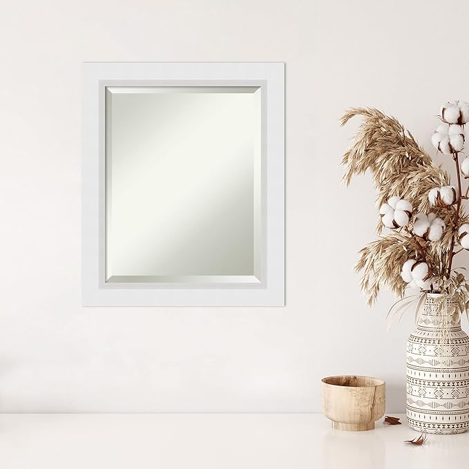 Amanti Art White Wall Mirror 24x20 Blanco White Rectangle Bathroom Mirror for Wall Decor Living Room, Small Modern Wood Frame, Hangs Horizonally and Vertically, Bathroom Decor, Beveled Edge