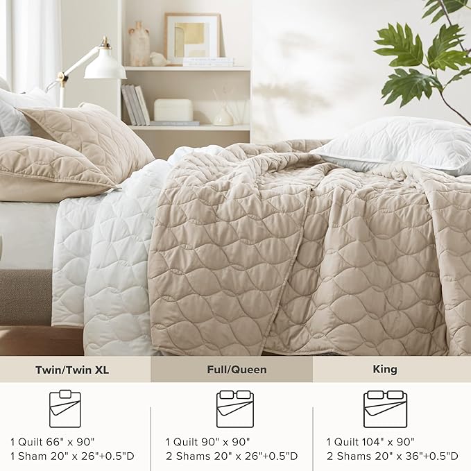 Comfort Spaces Queen Quilt Set Modern Reversible Ogee Coverlet Queen Bedding Set Cozy Quilted Winter Layer, All Season Lightweight Soft Queen Size Quilt, Kienna, Full/Queen Beige 3 Piece