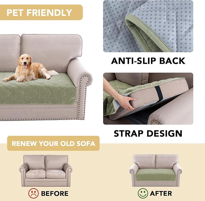 H.VERSAILTEX Couch Cover Chenille Pet Fuzzy Sofa Covers for 2 Cushion Couch Anti Slip Washable Sofa Slipcovers with Strap Soft Couch Protector Cover for Dogs Cats Kids(36" x 63", Tender Green)