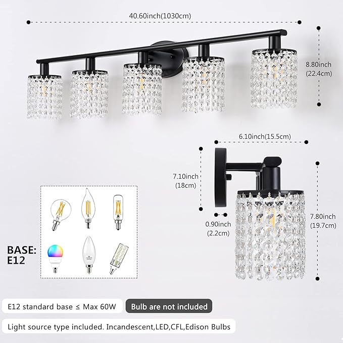 5-Light Bathroom Light Fixtures,Crystal Black Vanity Lights for Bathroom,Modern Bathroom Lights Over Mirror, Black Vanity Light Fixtures