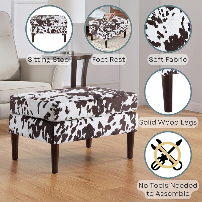 Convenience Concepts Designs4Comfort Marlow Ottoman 27" - Mid-Century Modern Upholstered Footrest & Seat for Living Room, Bedroom, Hallway, or Entryway, Brown Cow Print Fabric