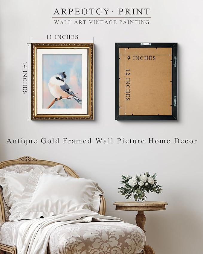 ARPEOTCY Vintage Gold Framed Wall Art Decor, 11x14 Inch Bedroom Bathroom Bird Picture Artwork, Canvas Wall Art for Living Room Bedroom, Antique Framed Painting Home Decor Aesthetic