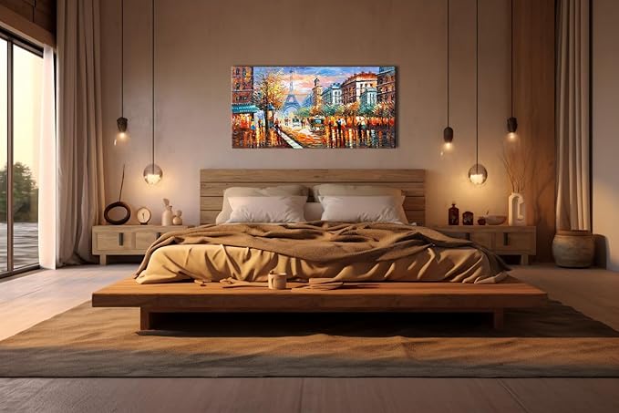 Alenoss Modern Oil Paintings 48x24 Inches Paris Eiffel Tower Landscape Large Canvas Wall Art Abstract Paintings for Living Room Bedroom Office Wall Decor Ready to Hang