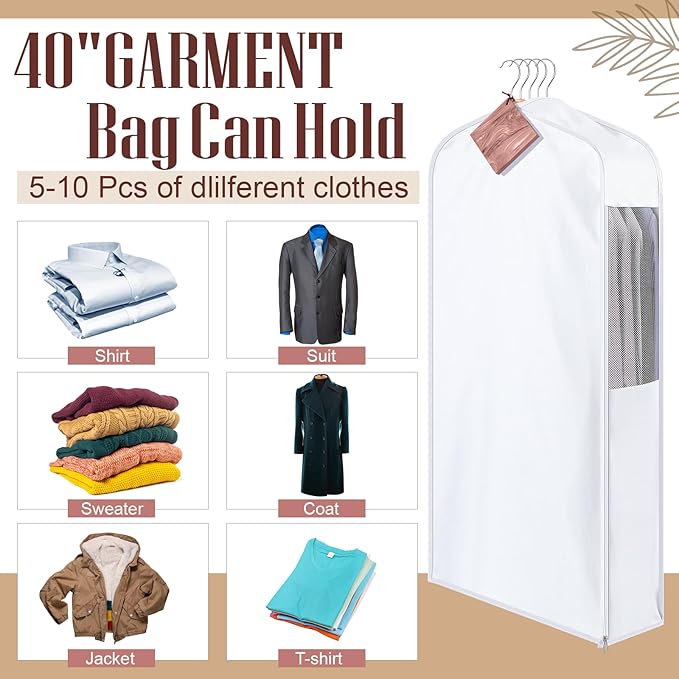 2 Set 40in Short Cotton Garment Bags, 10in Wide Gusset Hanging Storage Clothes with 8 Cedar Blocks, Transparent Mesh Window, Breathable Closet Bags for Fur Coat Suit Sweater Dress, White