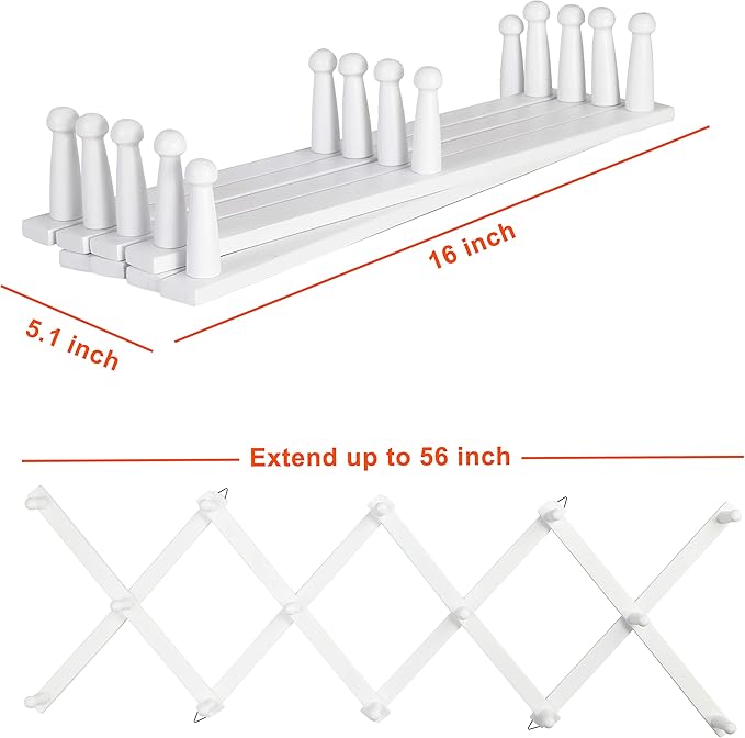 Dseap Accordian Wall Hanger: 16” High Wooden Wall Expandable Coat Rack, Hat Rack Holder, Accordion Hook for Baseball Caps, Coats, Mugs, 14 Peg Hooks, White