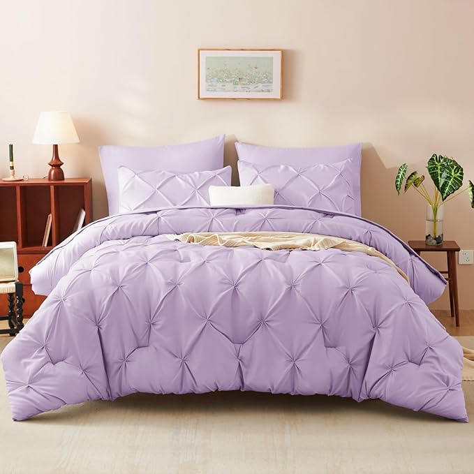 CozyLux Full Size Comforter Sets Lavender, 7 Pieces Bed in A Bag Light Purple Comforter Full Size, Pinch Pleat Bedding Sets with All Season Comforter, Sheets, Pillowcases & Shams