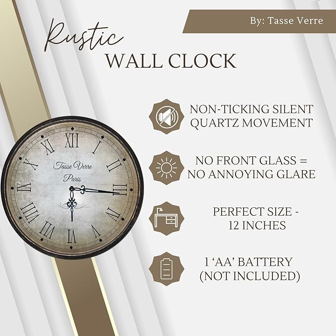 Tasse Verre 12 Inch Vintage Wall Clock - Farmhouse Decor Distressed White Washed Mechanical Quiet Silent - Retro Vintage Hanging Brown Non-Ticking Round