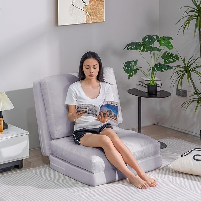 Bean Bag Chairs for Adults,Folding Sofa Bed,Floor Couch Bed, Foam Filling Fold Floor Mattress with Washable Soft Faux Fur Cover, Leisure Floor Couch for Bedroom Living Room(Cream,Single)