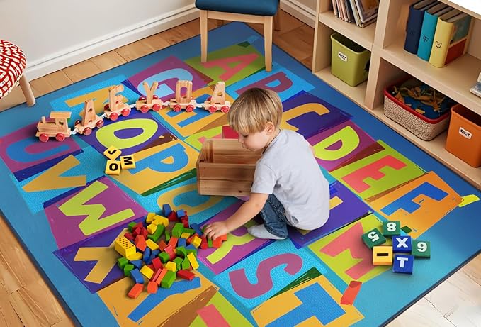 Booooom Jackson Kids Rug ABC Educational Rugs, 4'11x6'67'' Non-Slip Alphabet Carpet Preshool Rug for Kidsroom, Playroom, Daycare, School, Classroom Blue